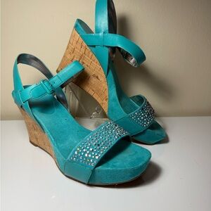 Nine West Women's Samata Platform Wedge Sandal Beaded Turquoise Leather Size 8M
